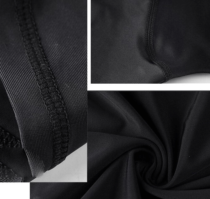 Close-up of black sports elastic beach T-shirt fabric texture and stitching, perfect for water sports with UPF 50+ protection.